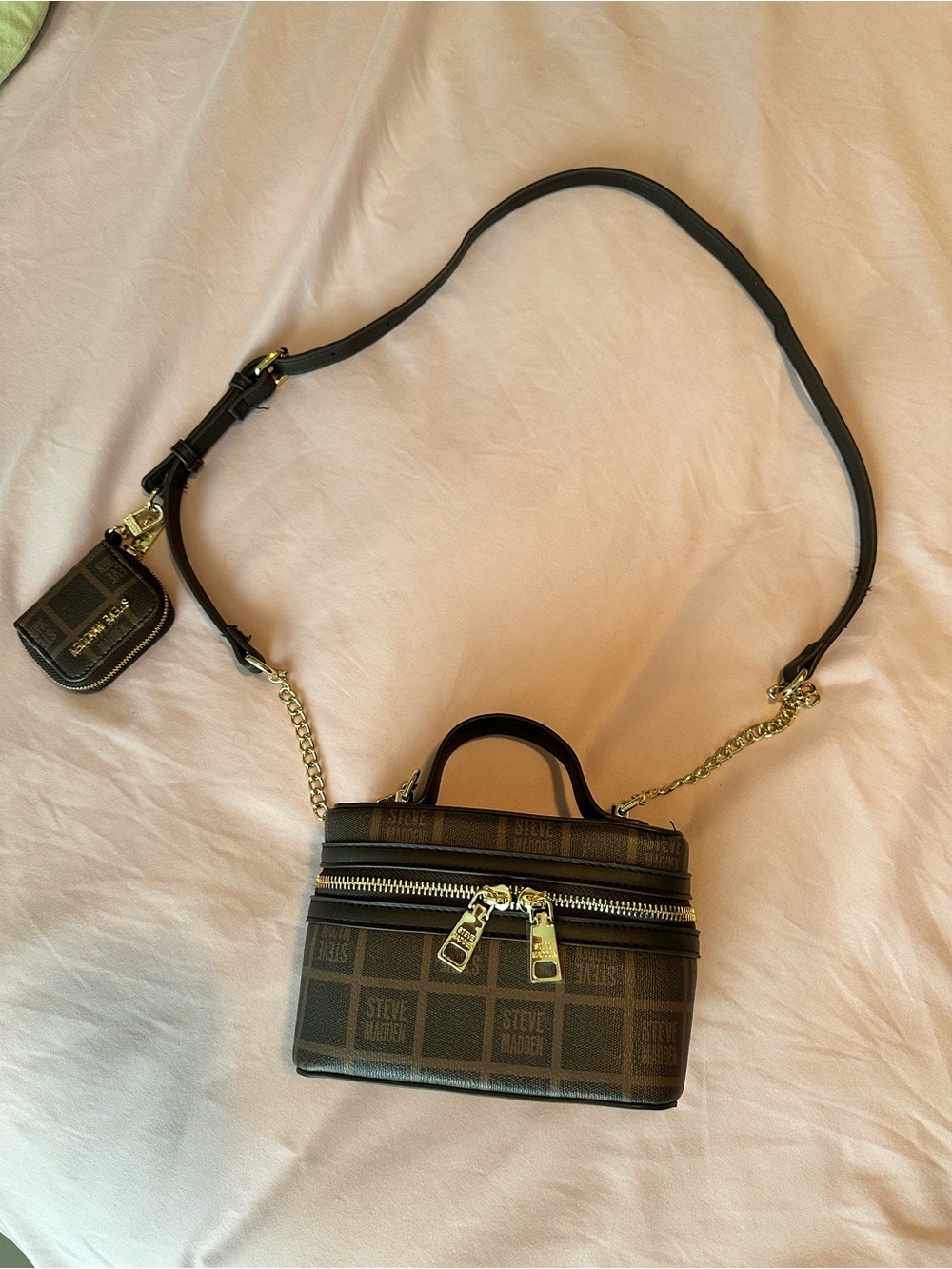 Steve Madden Brown Monogram Mini Crossbody with Gold Hardware